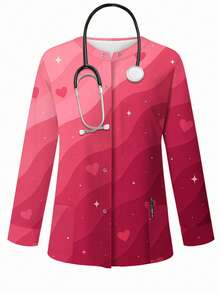 PopScrub Áo khoác nữ kiểu dáng thường ngày, họa tiết hoa ombre và trái tim sao, có khóa kéo, thích hợp làm đồng phục y tá, mùa xuân/thu. - Nhiều màu - Xem 3