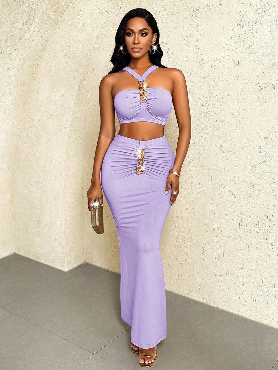 BamGleam 1 套春季优雅别致度假性感金链装饰短款上衣和长裙 - 淡紫色 - 查看 1