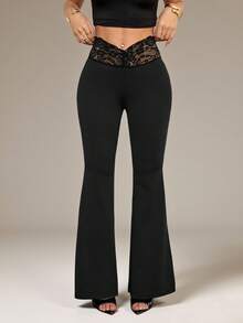 SHEIN PETITE 女士Y2K超低腰性感撞色蕾丝喇叭裤 - 黑色 - 查看 5