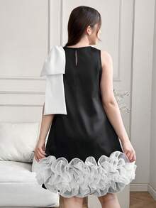 SHEIN Teen Girl Bowknot Ruffle Hem H-Line Party Dress Black Dress With White Bow Ruffle Trim Dress Black White Dress Sleeveless Dress - Black and White - View 2