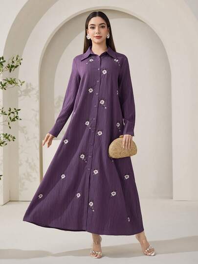 Veilorie Modest Casual Floral Embroidered Arabic Style Dress For Women
