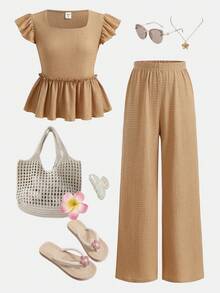 SHEIN Girlism Conjunto de dos piezas informal de verano para niñas adolescentes, estilo bohemio, de punto, con top de cuello cuadrado, volantes y mangas de vuelo, y pantalones rectos, para vacaciones - Azul - Ver 3