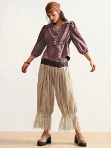 Bohemela Women's Denim Shirt, Loose Fit, Drawstring Waist, 3/4 Sleeves, Purple Denim Top. Spring Clothes  Valentine's Day   Carnival  Vacation Outfits For Women  Blouse - Brown - View 3