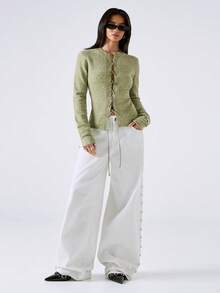 LYSMO 新款极简主义春季女式绿色系带长袖性感毛衣，春夏款，春季服装 - 綠色 - 查看 5