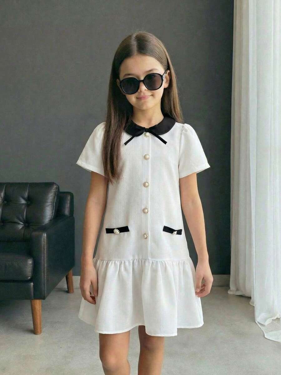 SHEIN Đầm cổ bẻ họa tiết dễ thương thường ngày cho bé gái tuổi teen - Màu be - Xem 1