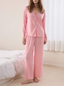 Ocili 简约舒适无领柔软女士睡衣套装 - 淺粉色 - 查看 6