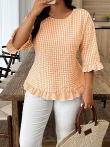 SHEIN LUNE Camisa de cuello redondo minimalista y fresca a cuadros en talla grande - Naranja Quemada - Ver 4