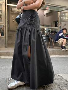 DAZY 女士系带纯色休闲半身裙 - 黑色 - 查看 2