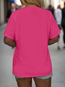 EMERY ROSE T-shirt casual à col V unicolore et manches courtes pour femmes grandes tailles - Rose vif - Voir 2