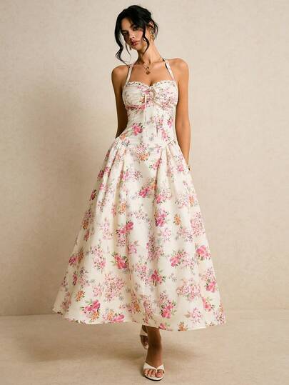 Poéselle Women's Floral Print Halter Backless Casual Dress,Elegant Floral Print Midi Sundress – Flowy A-Line Dress Perfect For Summer, Featuring A Bustier Design, Lace Trim, Sweetheart Neckline, Sundress; Ideal For Vacations, Weddings, And Garden Parties.Summer Floral Print Deep V-Neck Tie Waist Puff Dress For Formal Occasions, Graduation Ceremonies, Cocktail Parties, Romantic Dates, Parties, Nightclubs, Bridesmaid Dresses, Evening Gowns, Etc.Floral Dresses For Women,Summer Dresses For Women,French-Style
