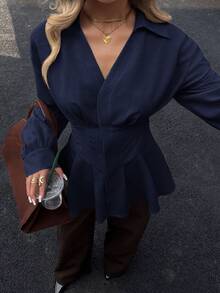 Siren Gaze 女士秋冬新款收腰A字长袖衬衫 - 藏蓝色 - 查看 5