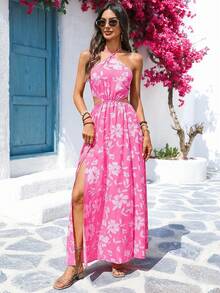 Vivid Eden Đầm hoa không tay, khoét eo, in họa tiết hoa dành cho nữ, thích hợp cho kỳ nghỉ hè. - Hồng - Xem 5