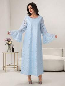 Yasmyna Elegantes Damen Kleid im arabischen Stil mit Spitze, Perlen und Glockenärmeln, Blau, Frühling/Sommer - Blau - Übersicht 7