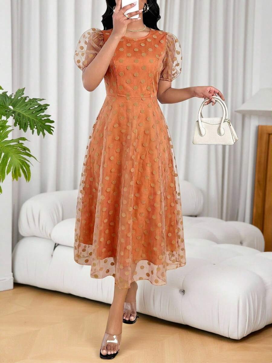 SHEIN Lady 女士优雅通勤波点网纱泡泡袖中长连衣裙 - 棕色 - 查看 1