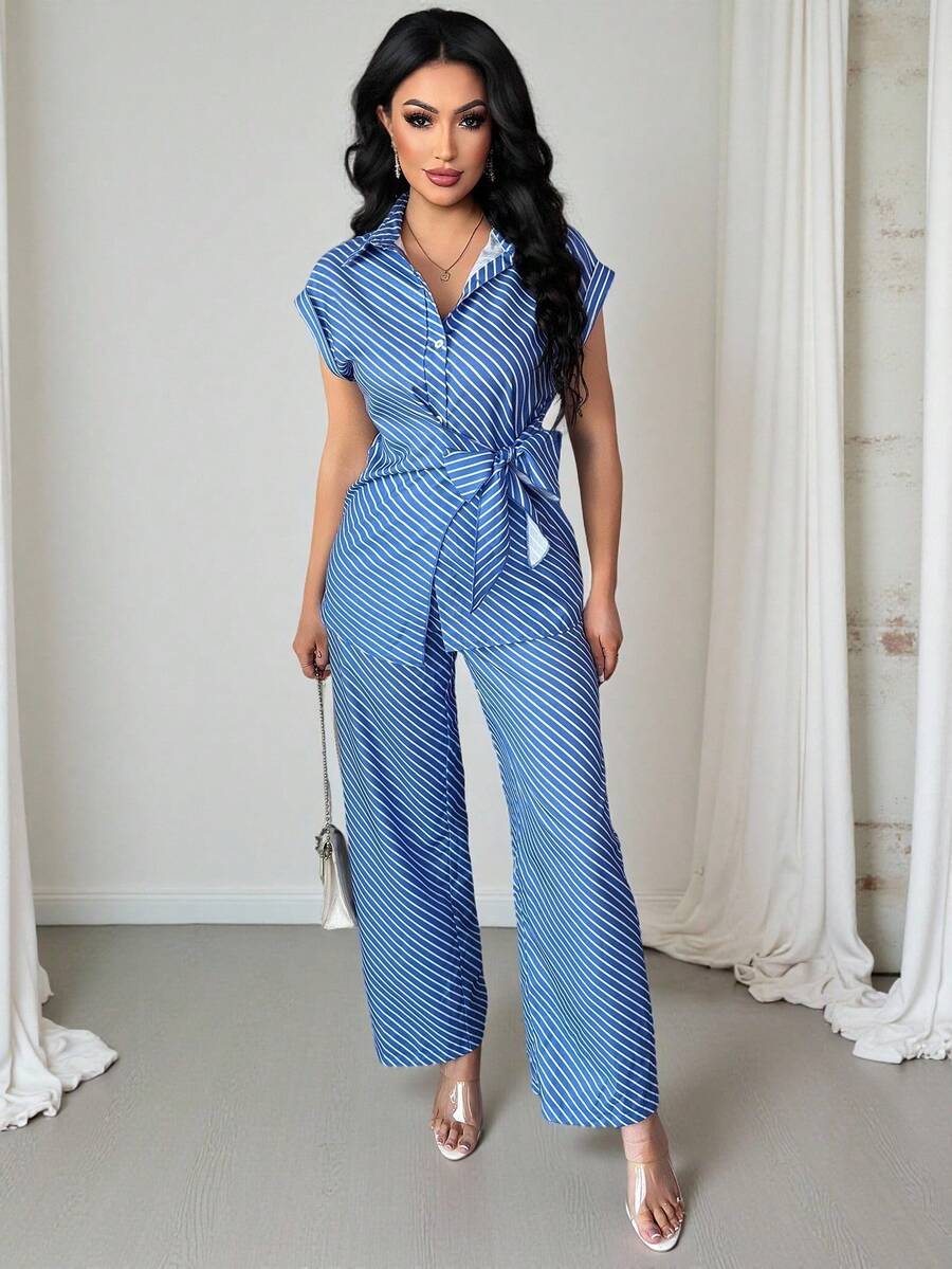 Vavine Women's Striped Collared Twist Waist Short Sleeve Top And Wide Leg Pants Casual 2 Pieces Set - Blue - View 1