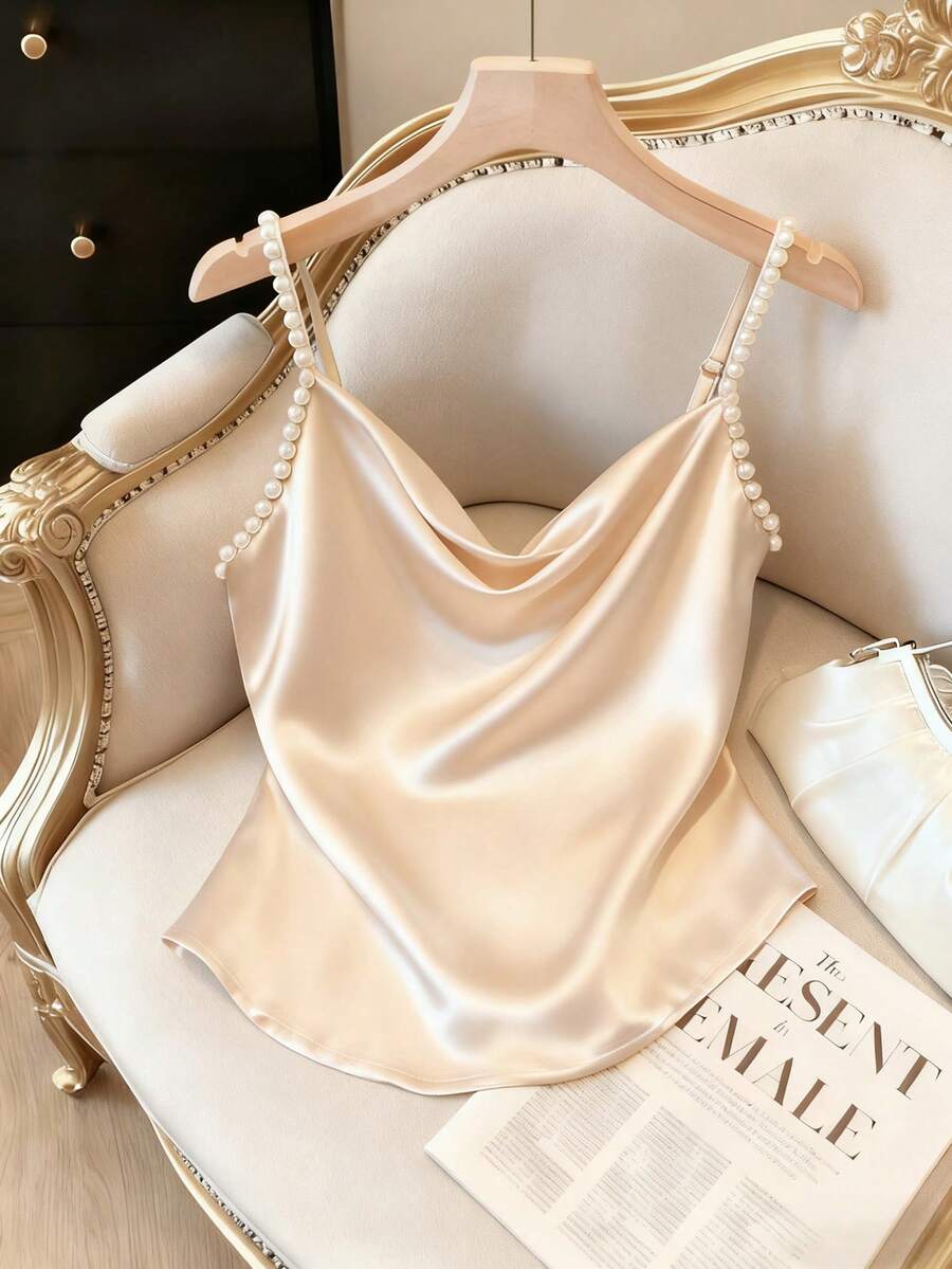 GlowEve Women's Satin Fabric Front Draped Collar Studded Pearl Strap Sleeveless Waist Cinched Elegant Luxurious Date Party Holiday Pale Peach Camisole Top, Spring/Summer - Apricot - View 1