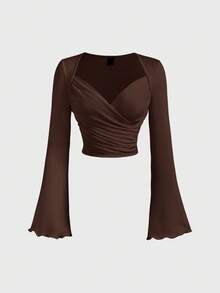 SHEIN MOD 2 chiếc áo thun dài tay nữ màu trơn, kiểu dáng xếp ly, thanh lịch. - màu nâu - Xem 6