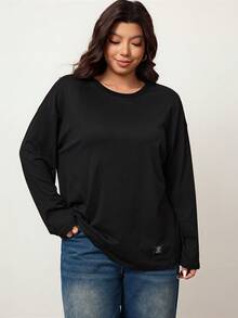 Enliva Plus Size Loose Fit Casual Black Long Sleeve Round Neck T-Shirt Women Long Sleeve T-Shirt Oversized T-Shirt Women Long Sleeve Tee Oversized Top Women T-Shirt,Fall Clothes For Women Underscrub Long Sleeve, For Apple & Rounded Body Shape - Black - View 5