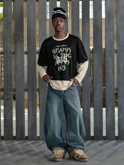 NEON BLANC 男士二合一长袖T恤，华夫格拼接撞色设计，酷炫915字母印花街头风