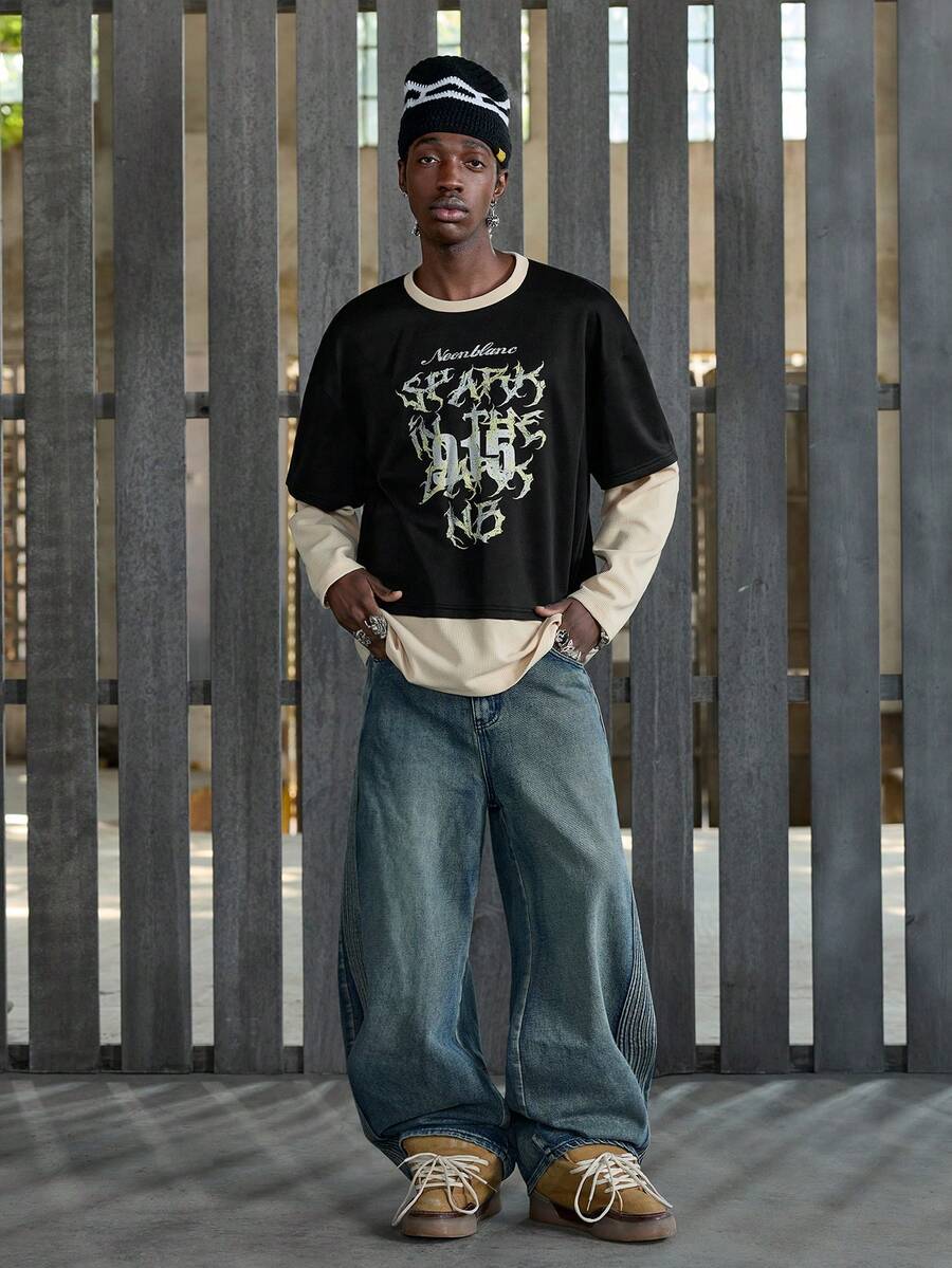NEON BLANC T-shirt à manches longues 2 en 1 pour hommes, design blocs de couleurs avec panneau à motif gaufré, impression cool de lettre 915 streetwear - Multicolore - Voir 1