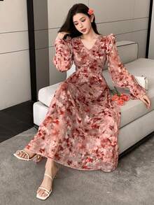 DAZY Đầm nữ thanh lịch họa tiết hoa, cổ chữ V, xếp ly, dài ngang gối, thích hợp dự tiệc cưới mùa xuân/hè, kiểu dáng boho, trang phục đi nghỉ mát. - Đỏ - Xem 6