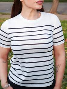 Lupita Cardoza Women Striped Casual Versatile T-Shirt Graphic Tees Women Tops - Black and White - View 4