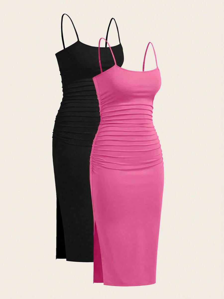 SHEIN EZwear Plus Size Women's Summer Sleeveless Dress, Rose Red & Black, Summer Dresses - Hot Pink - View 1