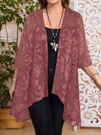 EMERY ROSE Plus Size Women Jacquard 3/4 Sleeve Open Front Casual Vacation Jacket In Fall/Winter Summer Outfits Summer Clothes  Spring  Spring Outfit Women Spring Clothes Country Style For Women Pink Coat Summer Cardigan Plus Size Kimono Cover Up