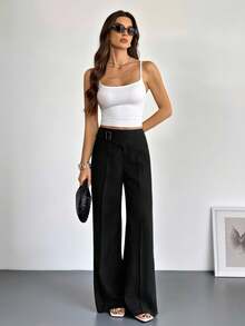 SHEIN Tall Women's Black Metal Buckle Casual Wide Leg Pants, Versatile For Autumn - Black - View 6