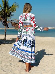 Swim Chiccia 2026 New Women's Summer Beach Vacation Elegant Long Sleeve T-Shirt With Drawstring Ruched Floral Print Skirt Loose Coverup 2-Piece Set - Multicolor - View 1