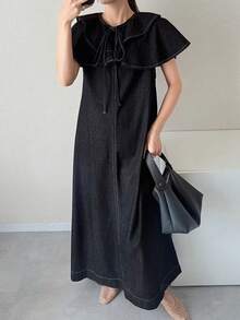 FRIFUL Women's Ruffle Tie Neck Loose Straight Casual Denim Dress - Blue - View 3