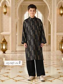 Vacaura 2pcs Set Foil Print Long Sleeve Robe & Elegant Pants, Middle Eastern Fashion Holiday Party Teenager Dress Abaya Thobe For Boys - Black - View 1