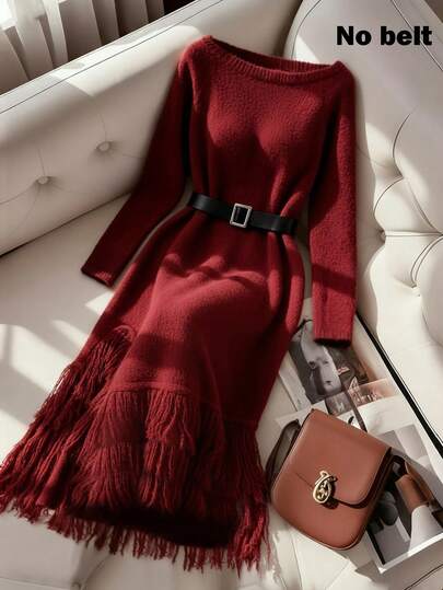 Franclia Nuevo vestido de suéter de punto con flecos asimétricos y hombros asimétricos de estilo sexy europeo y americano para el otoño/invierno para mujeres