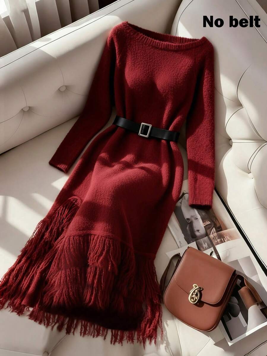 SHEIN LUNE 新款秋冬欧美风性感不对称单肩流苏毛绒针织毛衣裙女 - 酒紅色 - 查看 1