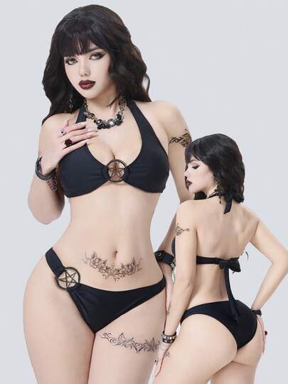 ROMWE Gothic Style Sexy Fashion Versatile Solid Color Five-Pointed Star Metal Chest Decor Lace-Up Halter Backless Swimwear Top Paired With Asymmetric Metal Decor High-Cut Swimwear Bottom Bikini Two Pieces Set, Fitted, Suitable For Festivals, Parties, Holidays, Spring Break Goth Bikini Gothic Swimwear Goth Swim Suit Sets Pentagram Bikini, Curve Swim Suit Sets,Dark-Themed Music Festival / Themed Party,New Year's Eve / Dark-Themed New Year's Party,Goth Beachwear,Pentagram Hardware Bikini, Goth Swimsuit