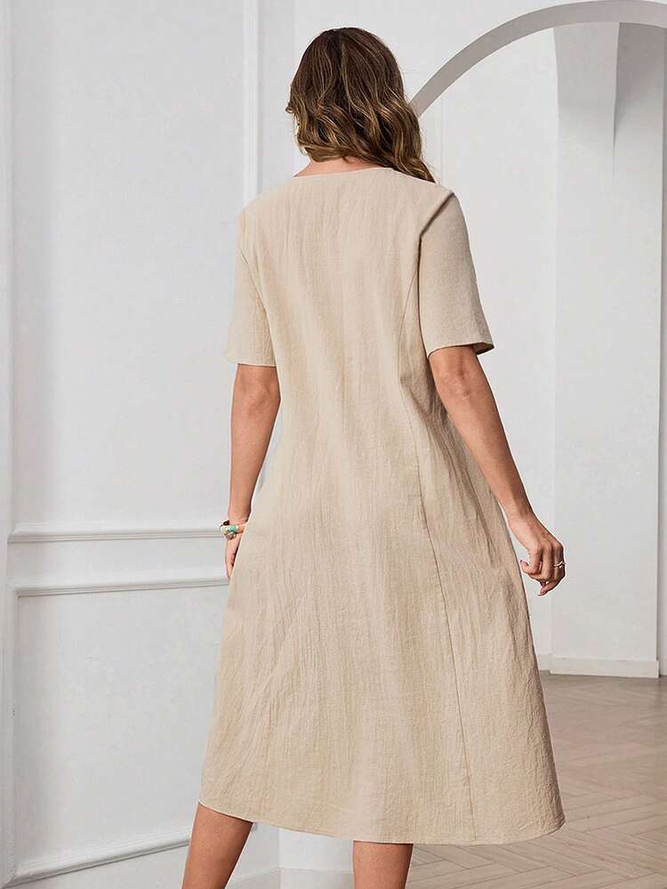 Women's Elegant Solid Color Button Half-Placket Notched Neck Short Sleeve Casual Dress, Summersummer Dress,Knee-Length Dress,Going Out Dress,Casual Dress For Women