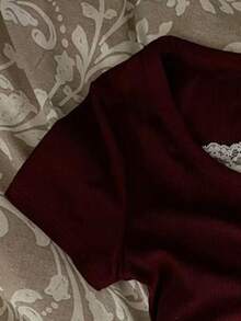 Glimmora Women's Casual Commuting Contrast Lace Press Buttoned Short Sleeve Fitted T-Shirt, Summer - Multicolor - View 3