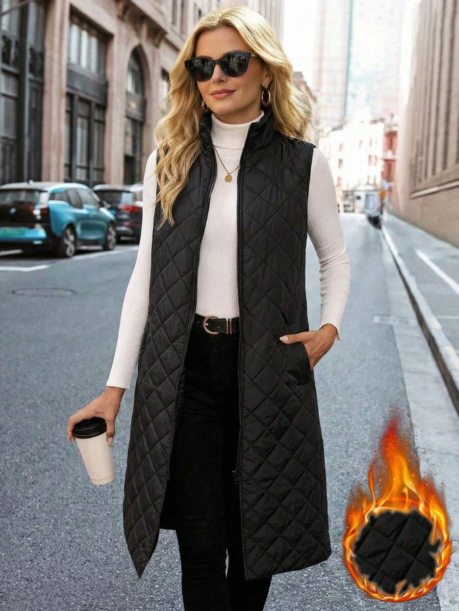 Editum 秋冬季无袖中长款绗缝背心，配有斜插口袋和菱形绗缝设计 - 黑色 - 查看 1