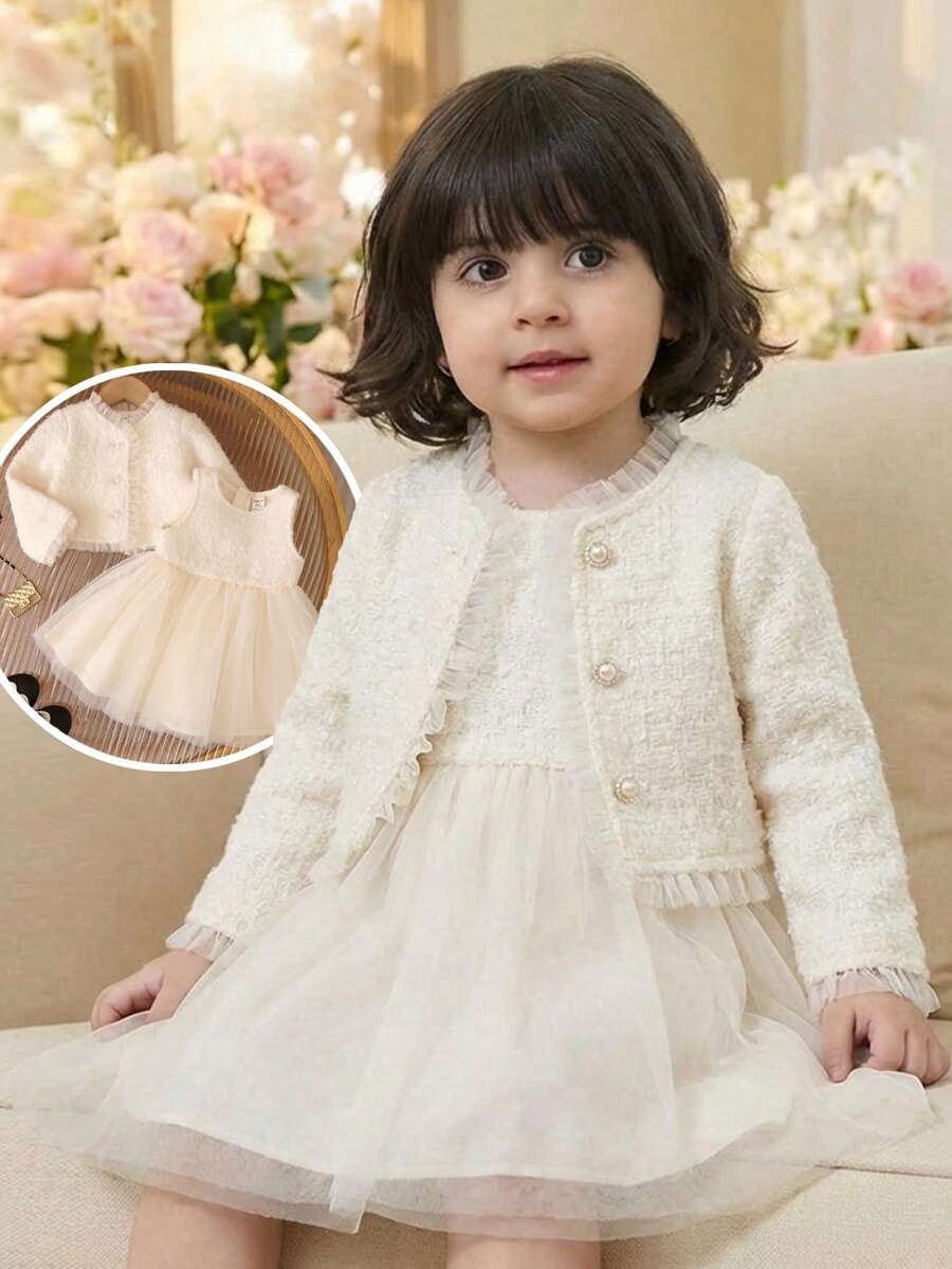SHEIN 2pcs Set: Apricot Solid Color Cardigan & Elegant Cute Mesh Dress For Baby Girl Baby Girl Fluffy Dress Newborn Baby Girl Dress Luxury Baby Girl Dress Baby Girl Dress And Jacket Set Baby Girl Tulle Dress - Beige - View 1