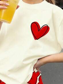 2pcs Tween Girls Casual Minimalist Short Sleeve T-Shirt And Shorts Set,White And Red,Summer,Cute,Funny,Vacation Gift Graffiti Heart Print - Multicolor - View 3