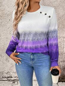 EMERY ROSE Plus Size Women's Minimalist Fashion Ombre Graphic Print Crew Neck Long Sleeve Pullover T-Shirt, Suitable For Work Commute And Everyday Wear - Multicolor - View 4