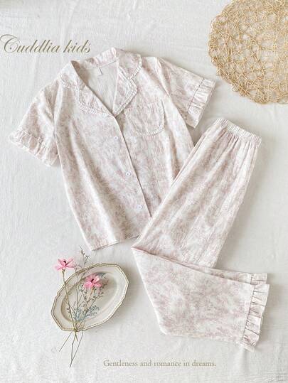 Young Girl' Pink Line Rabbit & Floral Pattern Ruffle Collar Short Sleeve Pants Casual Comfortable 2 Pieces Pajama Set