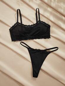 Charlaine French Lace Patchwork Seamless Women's Bra And Panty Set - Black - View 5