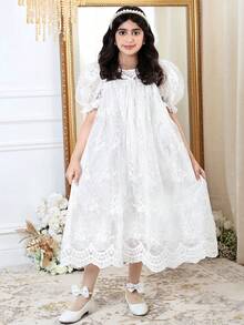 SHEIN فستان أنيق وفاخر للفتيات المراهقات بتصميم عقدة الفراشة وياقة مستديرة وأكمام منتفخة مع تنورة فضفاضة على شكل دمية، بطراز الدانتيل الفرنسي الملكي، لموسم الزفاف، فستان فتاة الزهور باللون الأبيض - أبيض - مشاهدة 4
