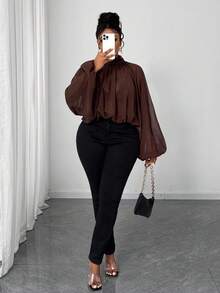 SHEIN CURVE+ Áo khoác ngoài dáng ngắn, cổ cao, tay phồng, xếp ly, chất liệu chiffon mỏng, dành cho nữ, cỡ lớn. - màu nâu - Xem 3