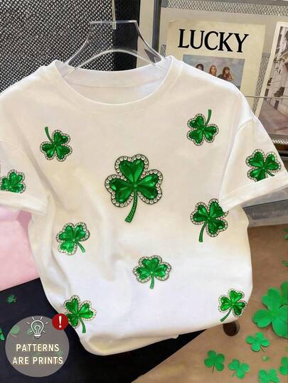 Resyla Women's Casual Clover Digital Print Short Sleeve Round Neck T-Shirt