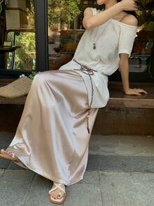 DAZY Women's Asymmetric Collar White Short Sleeve Top And Slant Pocket Skirt Casual 2 Pieces Set Lounge Sets For Women Short Sets For Women Vacation - Khaki - View 8