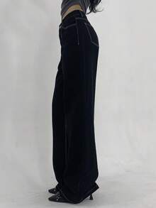 DAZY Women's Casual Contrast Stitch Wide Leg Jeans, - Black - View 8