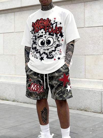 HIMLAND Herren Set aus Rundhals T-Shirt mit Buchstaben- und Pentagramm-Muster und Shorts mit Kordelzug und Tasche, lässiger Outfit