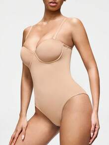 SHAPORA Women's Adjustable Strap Solid Color Bodysuit, Slim Fit For Everyday Wear - Apricot - View 3